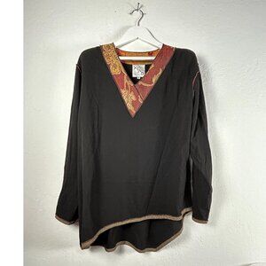 XIAO Womens X-Large Black Long Sleeve Asymmetrical Hem V-Neck Shirt Blouse Top
